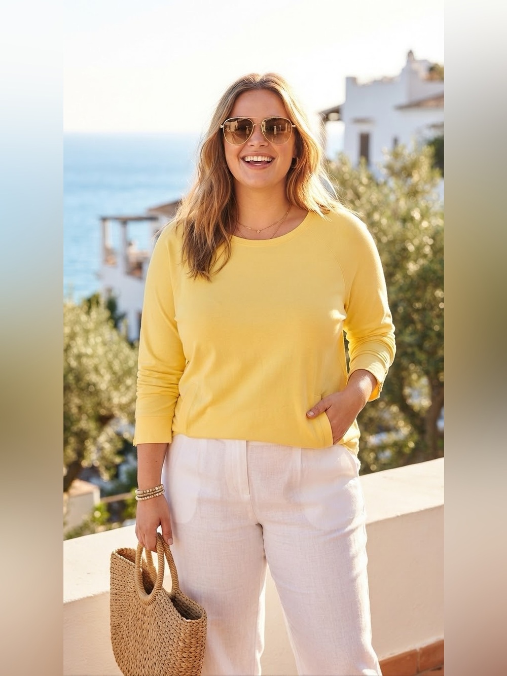 SIZE M Denim & Co.® NEW Women's Yellow Light Sweatshirt Top Cotton Spandex